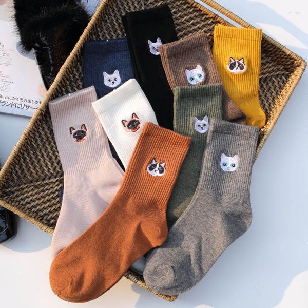 Meias femininas primavera outono adorável animal bordado gatinho cão sokken moda criativa engraçado doce cor algodão sox presente de natal