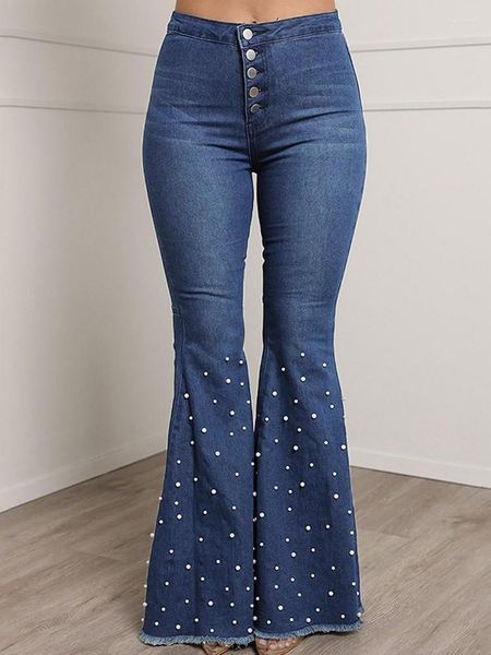 Damenjeans, lässig, Vintage-Stil, Empire-Taille, Flare-Denim für Damen, mit mehreren Knöpfen, Paket, Hüfte, dehnbar, mit Perlen verziert, lange Kleidung