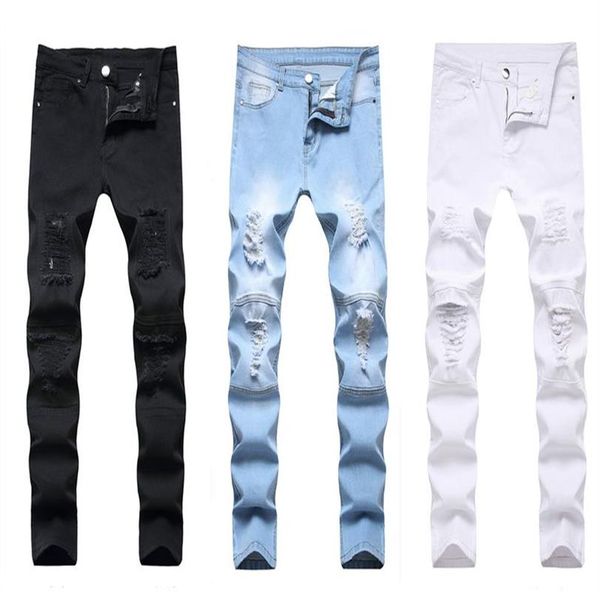 Jeans masculinos homem branco meados de cintura alta estiramento calças jeans rasgado magro para homens jean casual moda pant304x