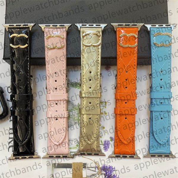 Designer Apple Watch Bands 49mm para Apple Watch Ultra Series 8 3 4 5 6 7 iWatch Bands 38mm 40mm 42mm 44mm 45mm Designer Bright Leather Embossing Metal Letter Smart Strap