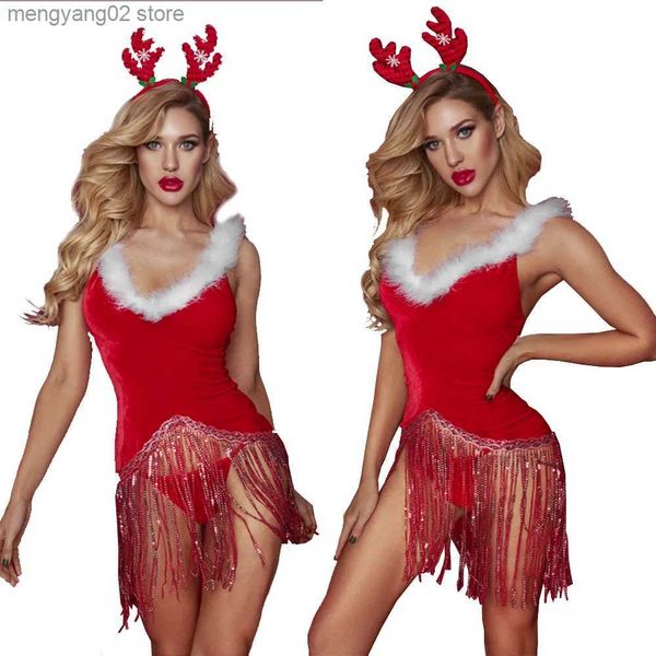 Traje temático Sexy Pron Vestido de Natal Vermelho Xmas Tassel Mini Vestidos com Cute Elk Headdress Thong Lingerie Set Lady Night Tentation Roupas T231011