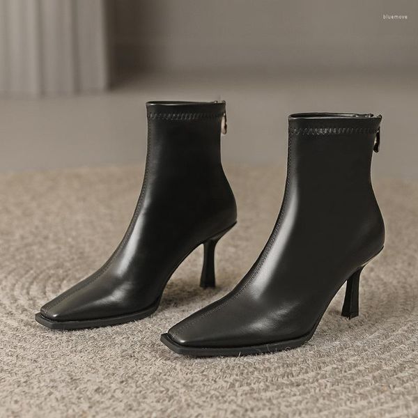 Stiefel mit quadratischer Zehenpartie, kurz für Damen im Herbst und Winter, schmaler Absatz, koreanische Version, mit einem stilvollen elastischen Reißverschluss hinten