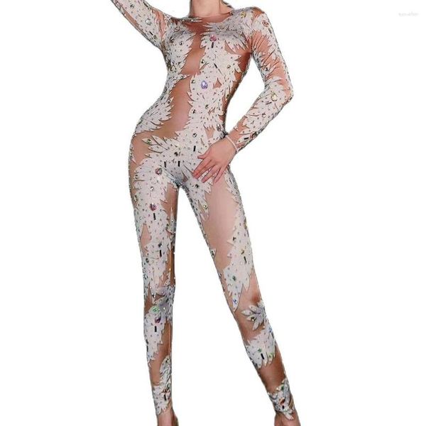 Stage Wear Nude Brillante Strass Foglia Tute da donna sexy Dance Pole Performance Costume Body Party Abbigliamento da discoteca