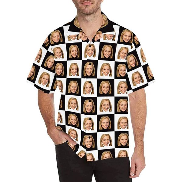 Benutzerdefiniertes Gesicht mit Gitter-Hawaii-Hemd, personalisiertes Foto-T-Shirt für Freund, Ehemann, Vater