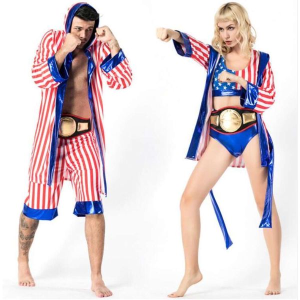 Costume da boxer con bandiera americana per uomo e donna, Rocky Balboa, abito da boxe, costume da festa di Halloween, uniforme cosplay