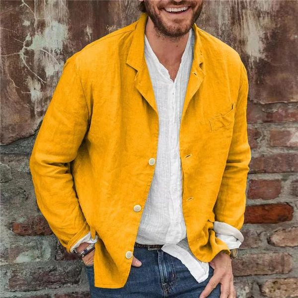 Jaquetas masculinas homens blazers primavera outono lazer bolso falso algodão linho solto terno casaco sólido balzer jaqueta amarelo azul top roupas 231011