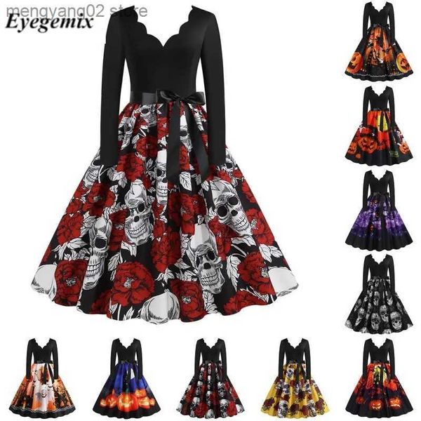 Costume a tema 2023 Abito da donna Halloween Party Dress Manica lunga Scollo a V Rosa insanguinata Stampa teschio Nero Patchwork Pinup Abiti vintage Nightmare T231011