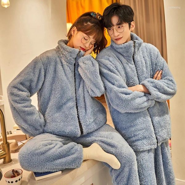 Startseite Kleidung Herbst Winter Warme Flanell Reißverschluss Paar Pyjamas Set Frauen Nachtwäsche Familie Pijama Liebhaber Homewear Tuch Casual Männer Pyjamas