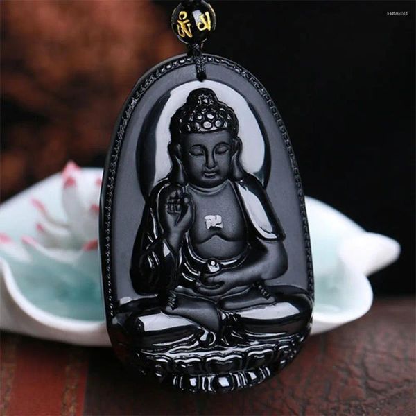 Collane con ciondolo gioielli trasbordati corda intagliata ossidiana naturale collana di Buddha nero catena di perline