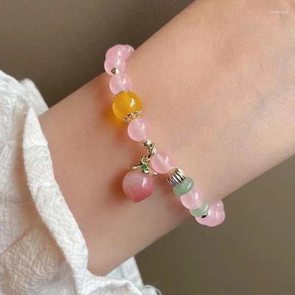 Charm Bilezikler Doğal Pembe Kristal Bileklik Kadınlar İçin Moda Takı Büyüleyici Şeftali Kolye Elastik Halat Ayarlanabilir Bilek Bantları