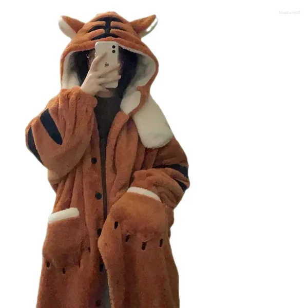 Damen-Nachtwäsche, Kawaii-Tiger-Tier-Nachthemd, Damen-Winter-warmer Bademantel, Anime-Cosplay-Pyjama, niedlicher Cartoon-Homewear, langes Nachthemd