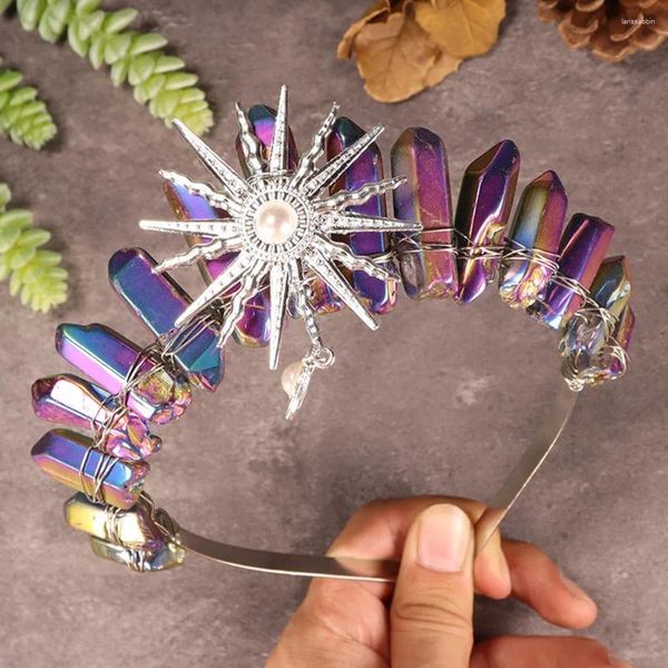 Grampos de cabelo de cristal natural tiara para nupcial sol coroa deusa acessórios artesanais moda jóias atacado bruxa headwear