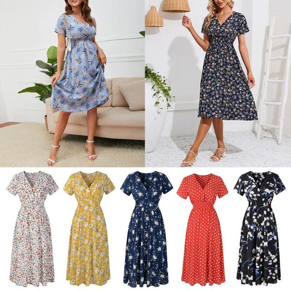 Abiti casual da donna Boho floreale con scollo a V abito midi da donna vacanza spiaggia swing prendisole manica corta elegante