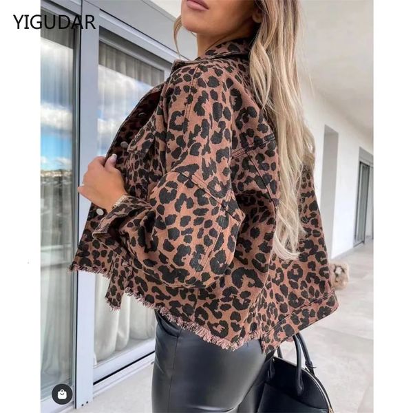 Giacche da donna Giacca di jeans vintage da donna Cappotto di jeans con risvolto sciolto leopardato Jean oversize a maniche lunghe con maniche lunghe 231011