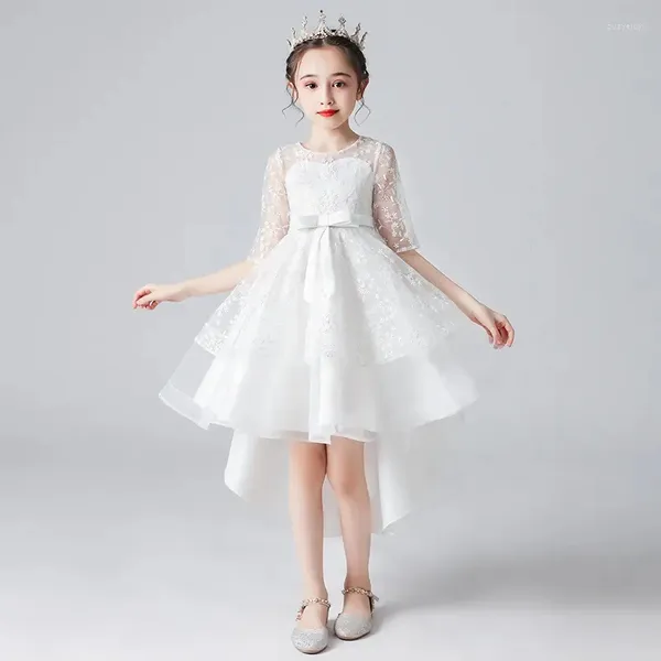 Vestidos da menina flor trompete vestido branco princesa crianças roupas sólido bordado impressão o-pescoço meia manga tutu para o aniversário do anfitrião