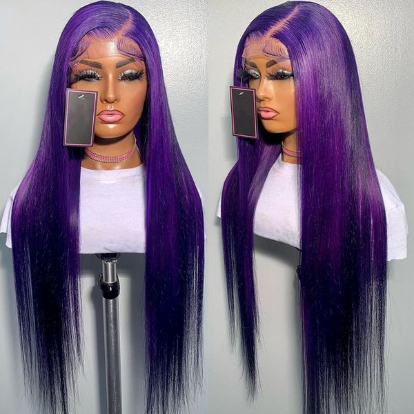 Cabelo brasileiro escuro roxo peruca dianteira do laço com fechamento do cabelo do bebê em linha reta 360 peruca cheia do laço para a mulher peruca sintética sem cola