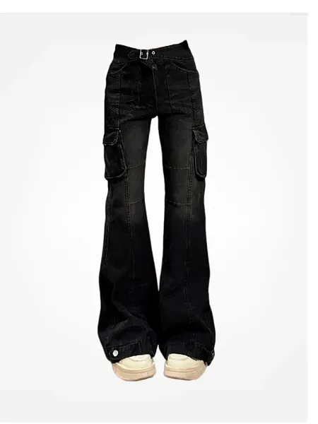 Jeans da donna High Street Office Lady Black Flare Slim Bell Bottoms Gyaru Fashion Denim Pantaloni Tasche multiple Anni 2000 American Retro