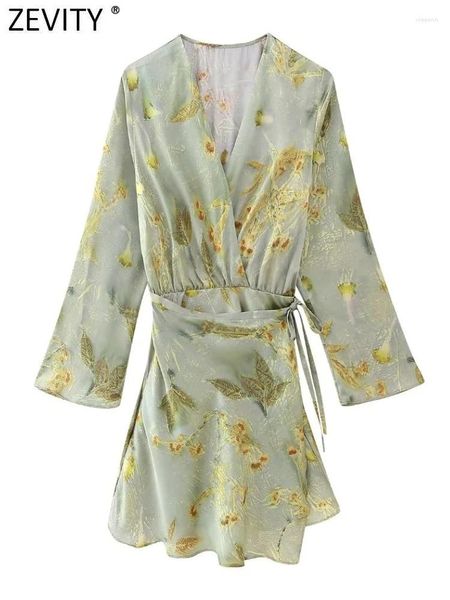 Vestidos casuais Zevity mulheres moda v pescoço floral impressão sidelace up macio cetim mini vestido feminino chique manga longa quimono festa vestidos