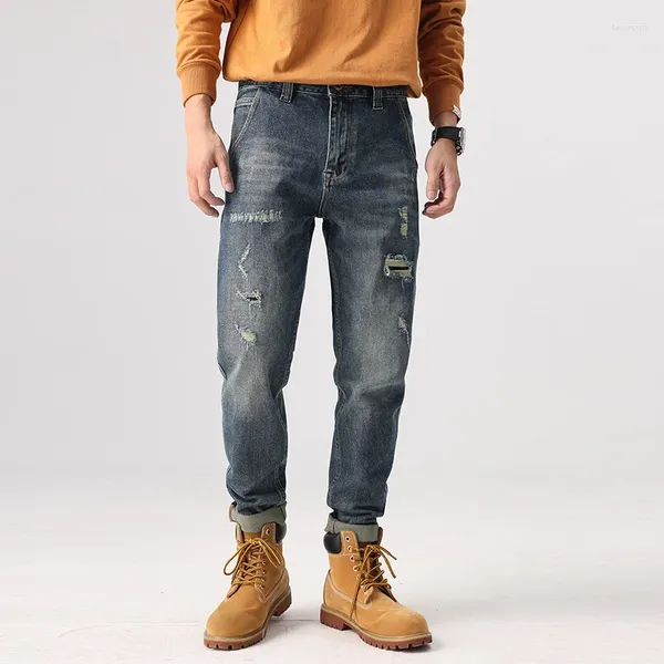 Мужские джинсы, американские повседневные рваные мужские модные нашивки, маленькие прямые джинсовые брюки, хлопковые брюки для папы, осенние комплекты