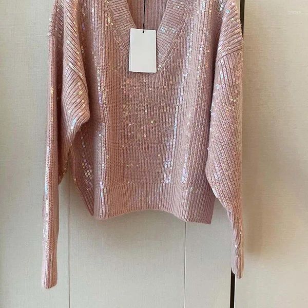 Damenpullover Y2K Damen Pailletten-Pullover mit V-Ausschnitt Fashion Runway Schlankheits-Rosa-Strickpullover Sanfte, solide Kleidung mit fallender Schulter