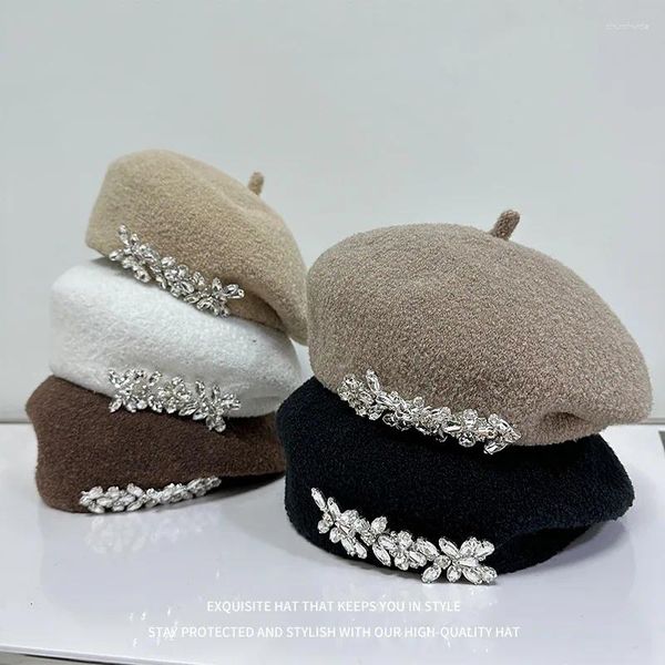 Berets outono e inverno água diamante boina edição coreana dobrada moda octogonal chapéu luz estilo de luxo artista menina