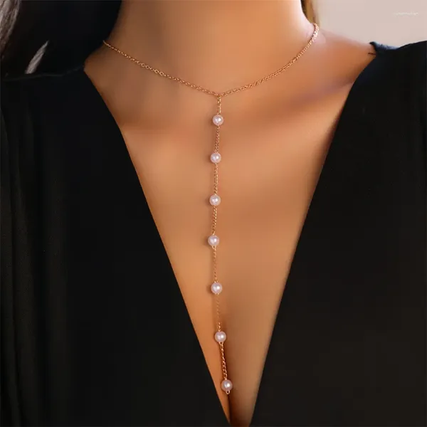 Anhänger Halsketten Gothic Einfache Imitation Perle Brust Lange Kette Halskette Für Frauen Mi Braut Kpop Perle Choker Hals Schmuck Zubehör