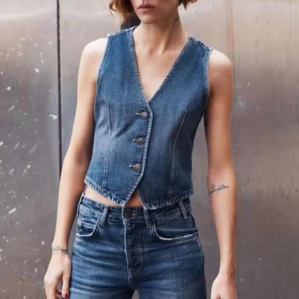 Damenwesten Damen Retro-Jeansweste, lässig, dünn, bauchfrei, schmale Passform, einreihig, solide Weste, Streetwear, tägliches Outfit