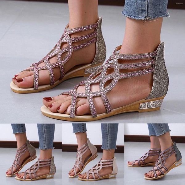 Sandalen Mode Frühling und Sommer Frauen Strass Hohl Fisch Mund Kleiner Keil Reißverschluss Römischer Stil