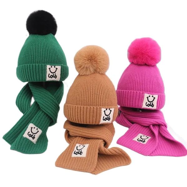 Scarves Doit Winter Boys Girls Warm Beanies Child Scarf Hat Set smiley embroidery Fur Ball Baby Kids knit Cartoon Scarves Hats 231012