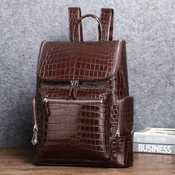 Рюкзак брендовый крокодиловый узор аллигатора, натуральная кожа, мужские рюкзаки, роскошная сумка для ноутбука из натуральной кожи для мальчиков