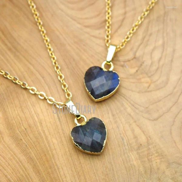 Collane con ciondolo NM15665 10 pezzi di pietre preziose naturali labradorite catene a forma di cuore sfaccettate color oro da 16-20 pollici