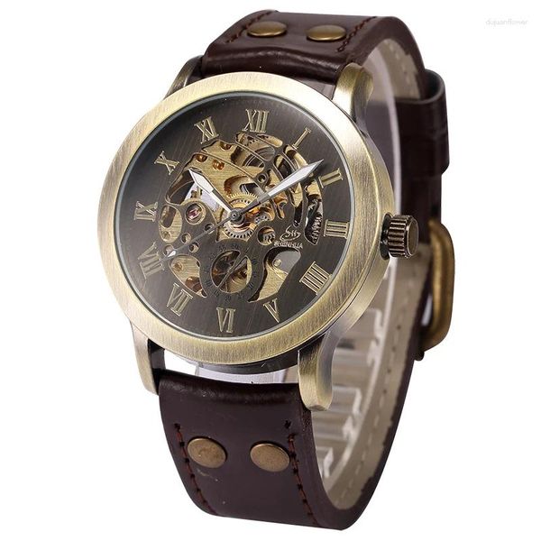 Relógios de pulso Shenhua 9269A Retro Bronze Caso Esqueleto Steampunk Dial Auto Mecânico Montre Homens Relógios Relogios