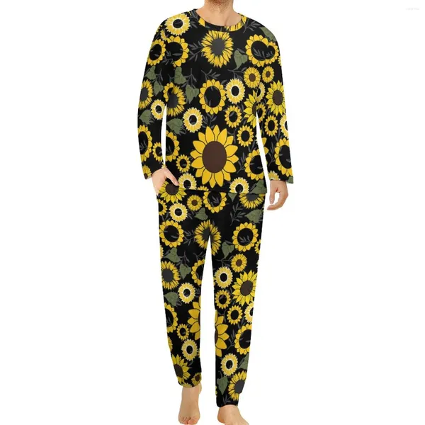 Herren-Nachtwäsche, Sonnenblumen-Pyjama, Herbst, 2-teilig, niedliche Blumen, elegante Pyjama-Sets, Mann mit langen Ärmeln, Schlafgrafik, Heimanzug, 3XL, 4XL, 5XL