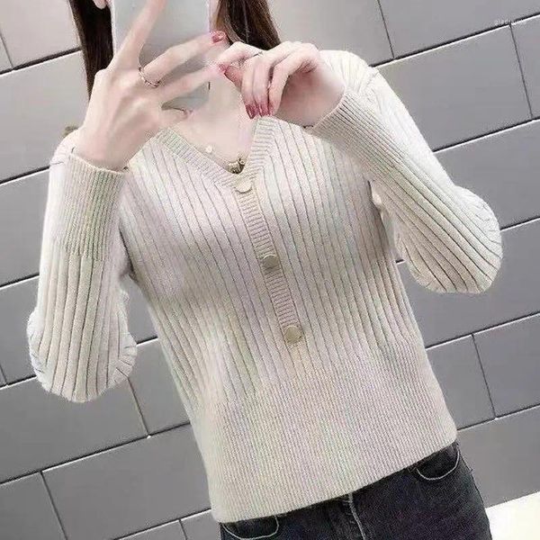 Kadın Sweaters İşe Gidiyor Sol Renk İnce Örgü Sonbahar Kış Kore Basic Uzun Kollu Giysiler Sıradan V-Yastık Düğmesi Jumpers