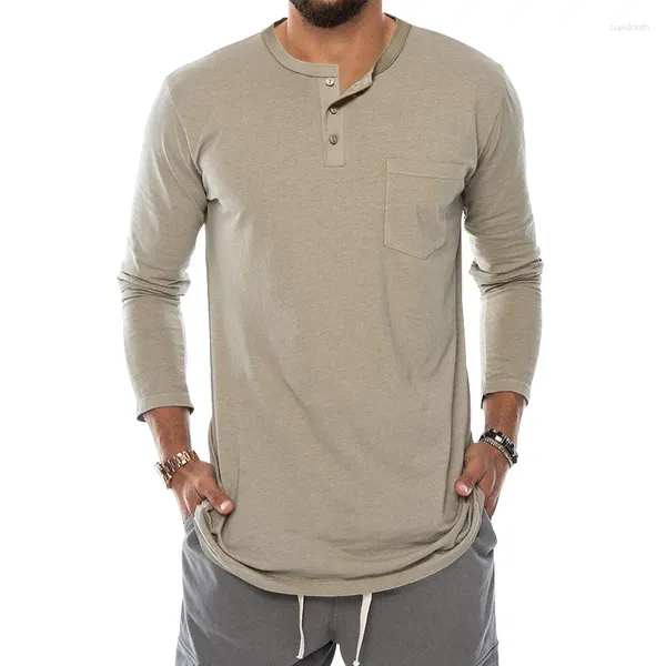 Мужские футболки, поступление 2023 года, мужская рубашка, повседневная футболка с длинными рукавами и круглым вырезом, мужская модная базовая осенняя одежда с карманами и пуговицами