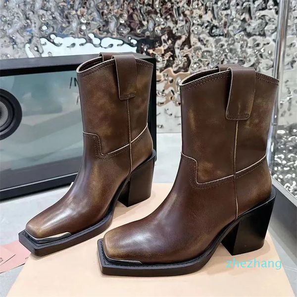 2023-Stivaletti in pelle con tacco medio spesso Stivaletti con punta quadrata Tacco largo Slip-On Stivale da cowboy occidentale Scarpe da donna outdoor Scarpe firmate di lusso Calzature di fabbrica