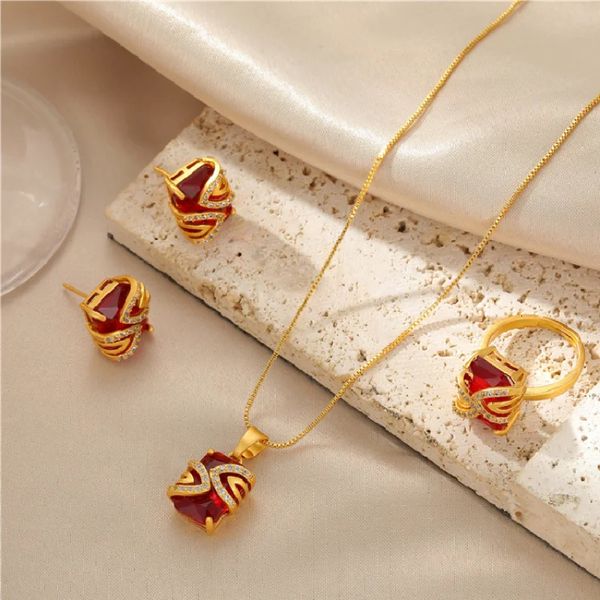 Anhänger Halsketten Mode Überzogene Reine 24k Gold Schmuck Drei Stück Set Halskette Ohrringe Ring Permanent Rot 18k Farbe für Frauen 231011
