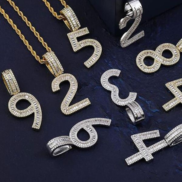 0-9 Numeri arabi Numero baguette Whos per combinazione personalizzata Numero lettere Collana con pendente in zirconio con collo in corda da 24 pollici3207