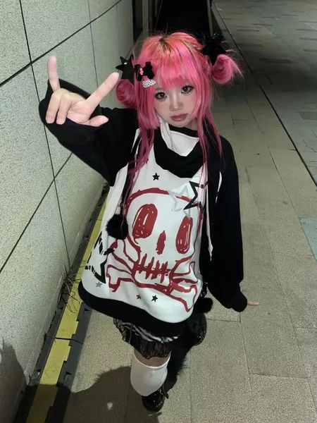 T-shirt das mulheres outono inverno y2k subcultura tshirt manga longa faux duas peças harajuku solto punk tees casual rock emo grunge estética tops 231011