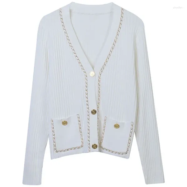 Mulheres malhas ouro outono e inverno luxo corrente de malha cardigan mulheres 2023 coreano com decote em v manga longa lã camisola casaco branco preto topo