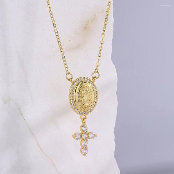 Ожерелья с подвесками Mafisar, классический дизайн, крест Девы Марии, золотого цвета, цепочка из нержавеющей стали, ожерелье с инкрустацией цирконом CZ, вечерние украшения