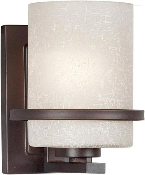 Lâmpada de parede 2404-01-32 1-Light Transitional Sconce Antigo Acabamento de Bronze com Linho Branco Sombra de Vidro Cogumelo Recarregável Light Room Dec