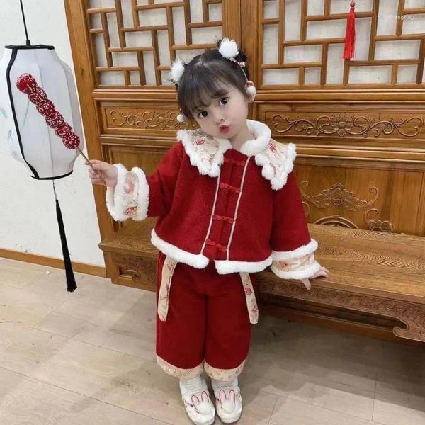 Abbigliamento etnico per ragazze carino inverno caldo anno vestiti set peluche addensato per bambini stile cinese squisito top e pantaloni rossi tutto abbinato