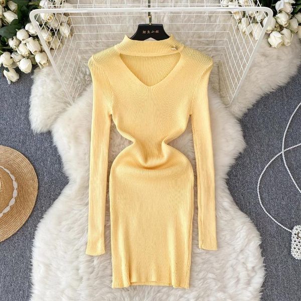 Casual Kleider Vintage Elegante V-ausschnitt Hohl Elastische Ultra Dünne Bleistift Kleid Koreanische Enge Party Abend Langarm Frauen Herbst