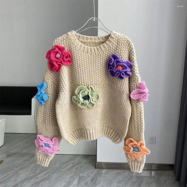 Suéter feminino chique floral de crochê suéter feito à mão com gancho 3d flores pulôver solto camisas de malha crop tops jumper sueter