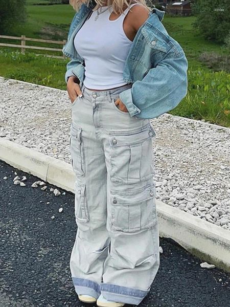 Damenjeans WeiYao Vintage Baggy Woman High Waist Stitch Bule Denim Hose Lässige Streetwear Gerade Cargohose Mehr als eine Tasche