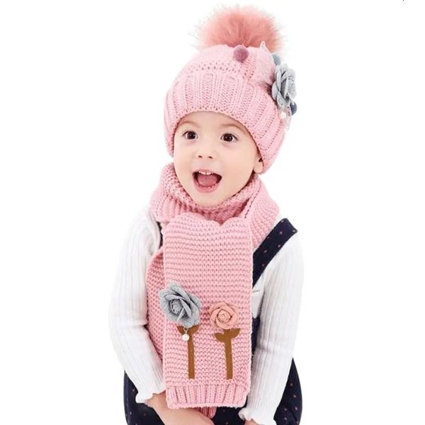 Шарфы Doit Flower, детская зимняя шапка, комплекты шапок, бархатные шерстяные детские вязаные меховые шапки для мальчиков, зимние 2 шт., комплект шарфов для маленьких девочек 231012