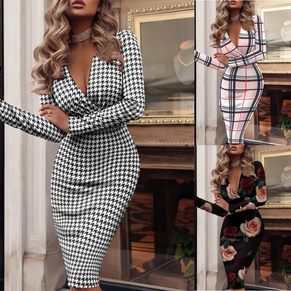 Vestidos sexy urbanos outono inverno manga longa vneck houndstooth impressão dres2023harajuku plus size vestido midi bodycon para mulher 231011