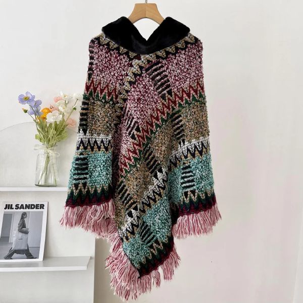 Xales outono inverno capas nacionais de malha manto feminino pulôver borla quente xale imitação de lã colar ponchos capa rosa 231012