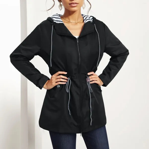 Damenjacken Damen Regenjacke mit Kapuze, leicht, langärmelig, Windjacke, Reißverschluss, Kordelzug, Regenmantel, Taschen, Mantel